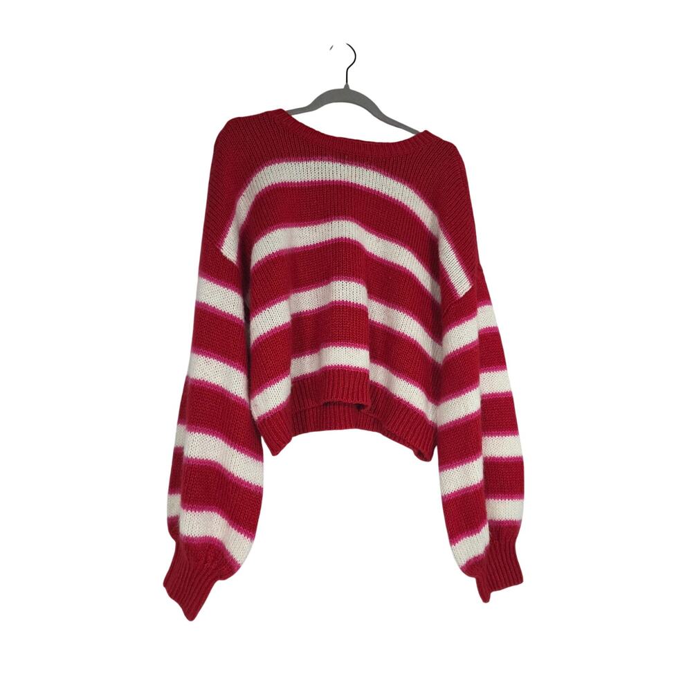 Versona Women's XXL Red Pink White Striped Cropped Sweater Balloon Sleeve Cozy